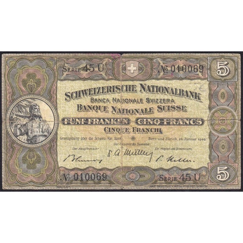 Suisse - Pick 11n_3 - 5 francs - Série 45 U - 20/01/1949 - Etat : TB-
