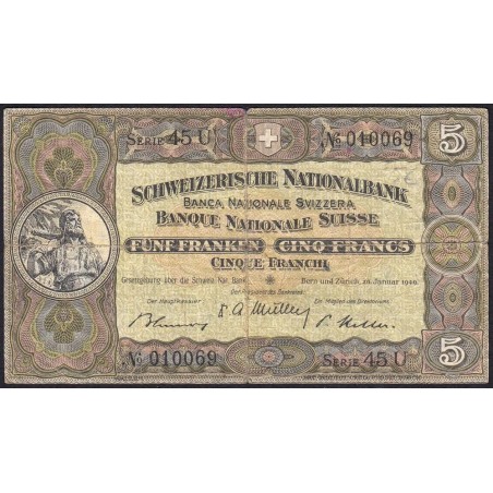 Suisse - Pick 11n_3 - 5 francs - Série 45 U - 20/01/1949 - Etat : TB-