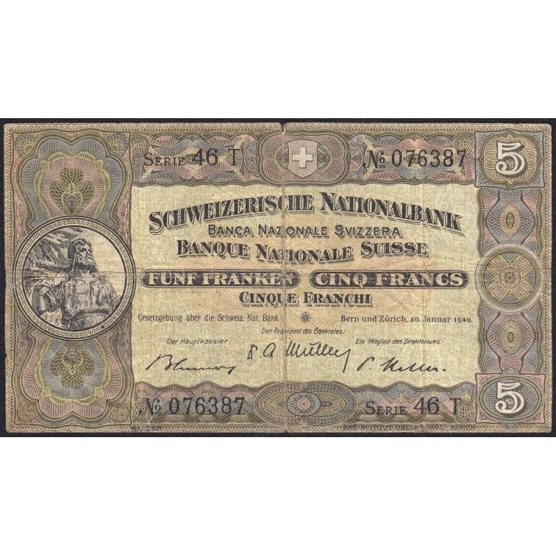 Suisse - Pick 11n_3 - 5 francs - Série 46 T - 20/01/1949 - Etat : B+ à TB-