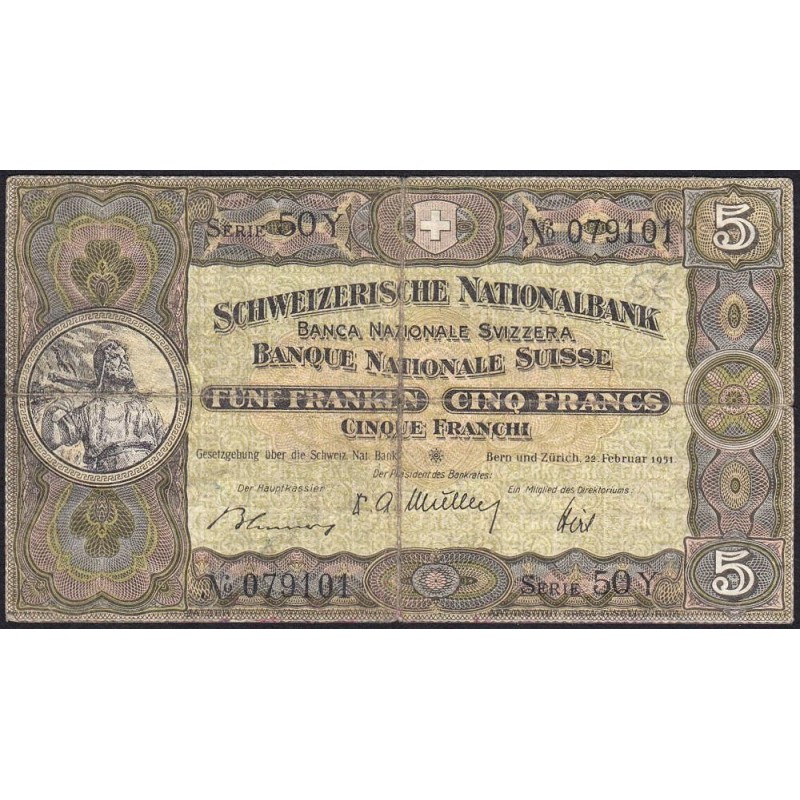 Suisse - Pick 11o_1 - 5 francs - Série 50 Y - 22/02/1951 - Etat : TB-