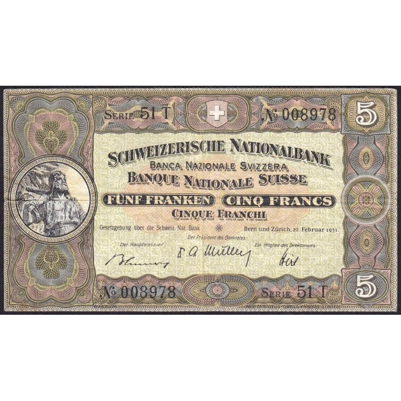 Suisse - Pick 11o_1 - 5 francs - Série 51 T - 22/02/1951 - Etat : TB+