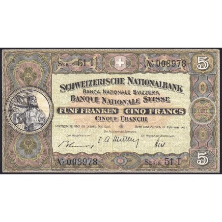 Suisse - Pick 11o_1 - 5 francs - Série 51 T - 22/02/1951 - Etat : TB+
