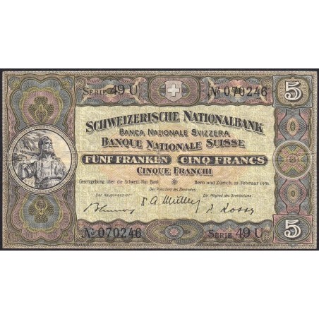 Suisse - Pick 11o_2 - 5 francs - Série 49 U - 22/02/1951 - Etat : TB