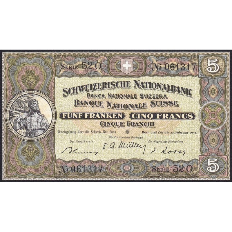Suisse - Pick 11o_2 - 5 francs - Série 52 O - 22/02/1951 - Etat : NEUF