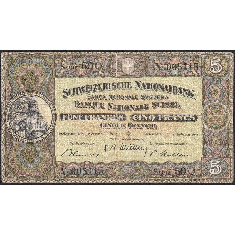 Suisse - Pick 11o_3 - 5 francs - Série 50 Q - 22/02/1951 - Etat : TB-