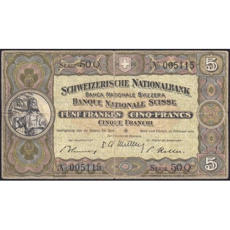 Suisse - Pick 11o_3 - 5 francs - Série 50 Q - 22/02/1951 - Etat : TB-