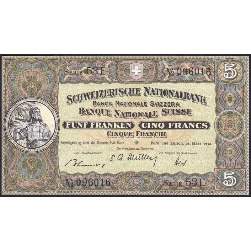 Suisse - Pick 11p_1 - 5 francs - Série 53 E - 28/03/1952 - Etat : SUP+ à SPL