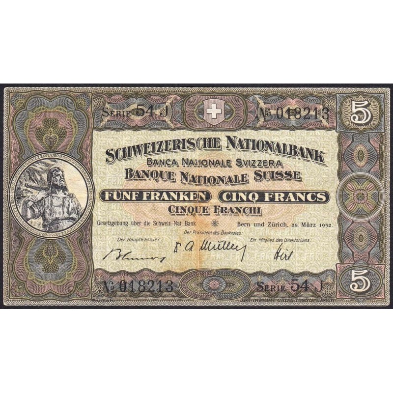 Suisse - Pick 11p_1 - 5 francs - Série 54 J - 28/03/1952 - Etat : TTB
