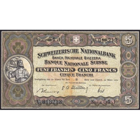 Suisse - Pick 11p_1 - 5 francs - Série 54 J - 28/03/1952 - Etat : TTB