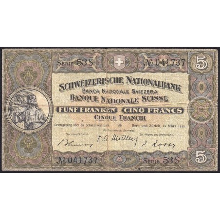 Suisse - Pick 11p_2 - 5 francs - Série 53 S - 28/03/1952 - Etat : TB- à TB