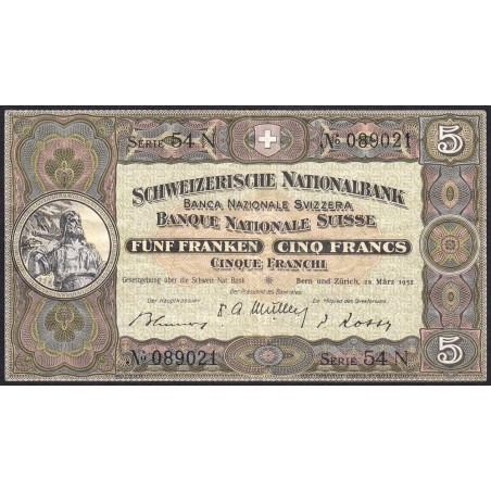 Suisse - Pick 11p_2 - 5 francs - Série 54 N - 28/03/1952 - Etat : TB+ à TTB