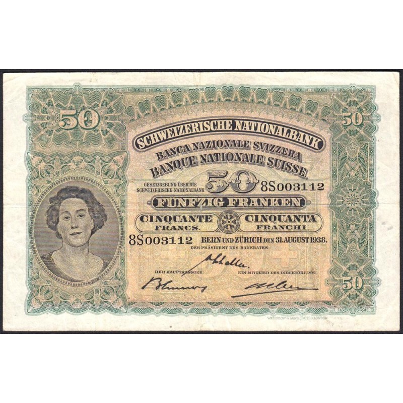 Suisse - Pick 34h_3 - 50 francs - Série 8 S - 31/08/1938 - Etat : TB à TB+