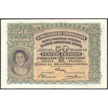 Suisse - Pick 34h_3 - 50 francs - Série 8 S - 31/08/1938 - Etat : TB à TB+