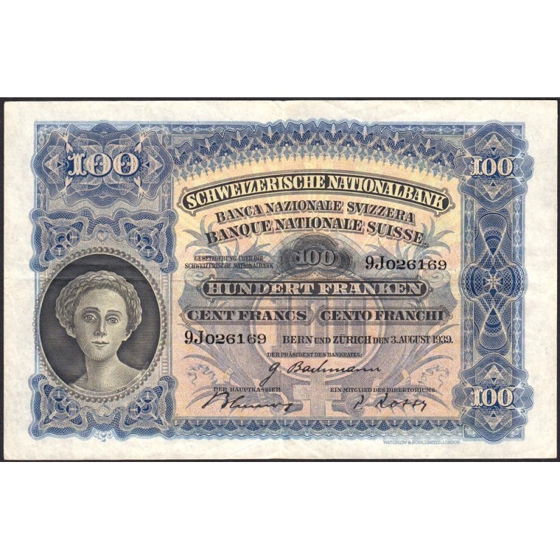 Suisse - Pick 35l_2 - 100 francs - Série 9 J - 03/08/1939 - Etat : TB+ à TTB