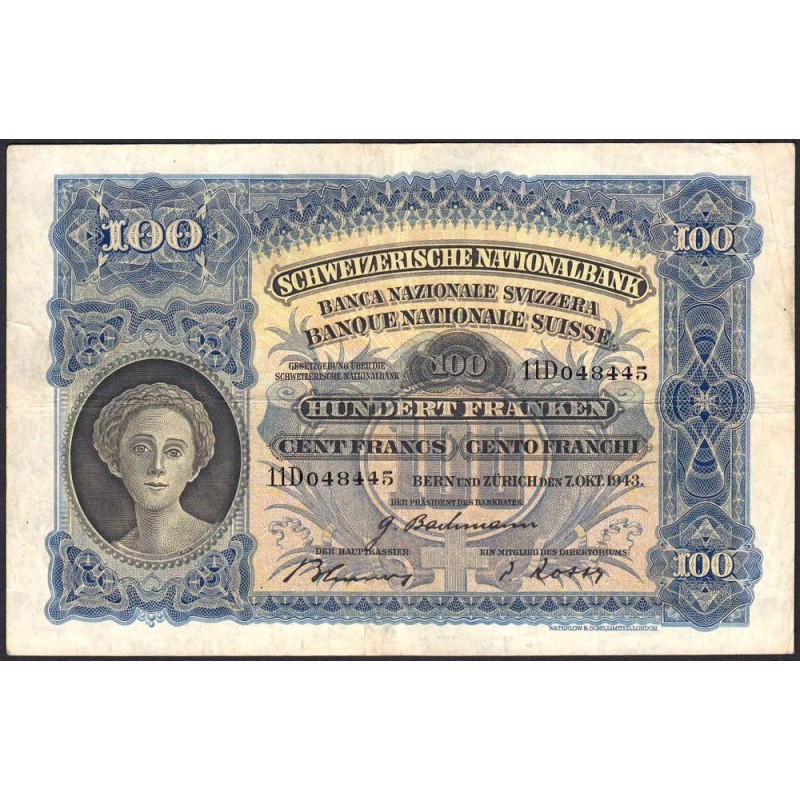 Suisse - Pick 35p_1 - 100 francs - Série 11 D - 07/10/1943 - Etat : TB+ à TTB