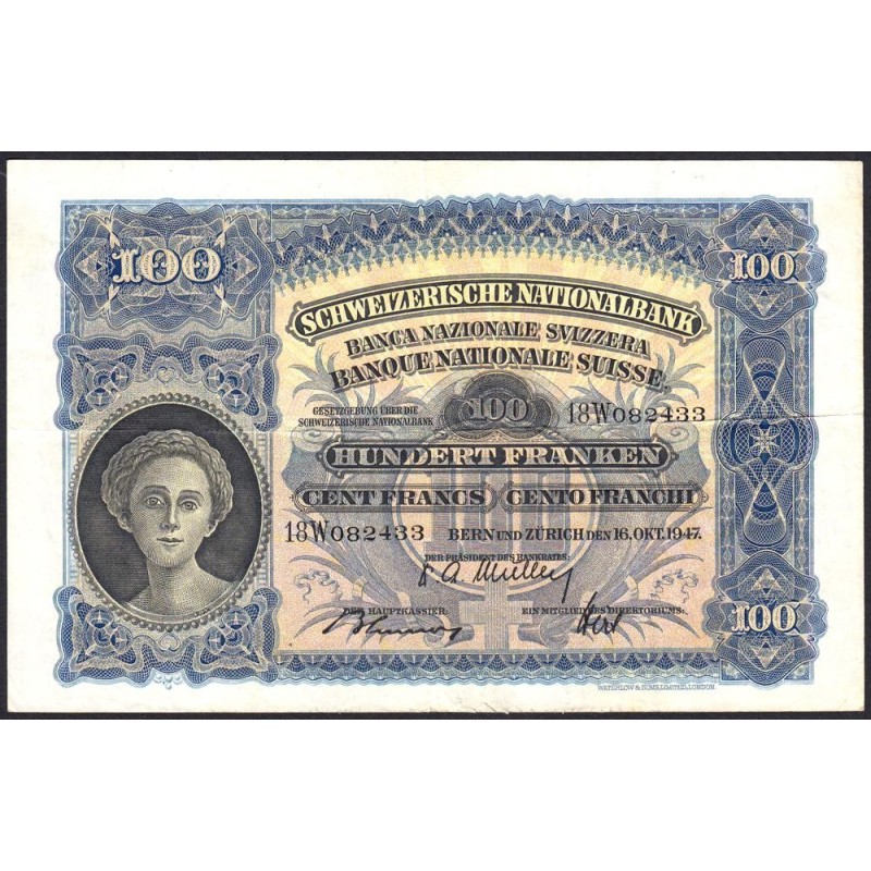 Suisse - Pick 35u_1 - 100 francs - Série 18 W - 16/10/1947 - Etat : TTB