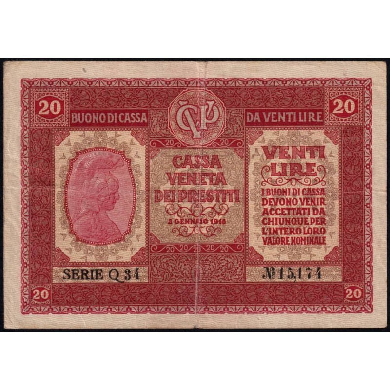 Vénitie - Occcup. Austro-Hongroise - Pick M 7_1 - 20 lire - Série Q - 02/01/1918 - Etat : TTB-