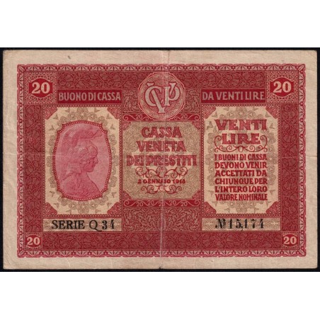 Vénitie - Occcup. Austro-Hongroise - Pick M 7_1 - 20 lire - Série Q - 02/01/1918 - Etat : TTB-