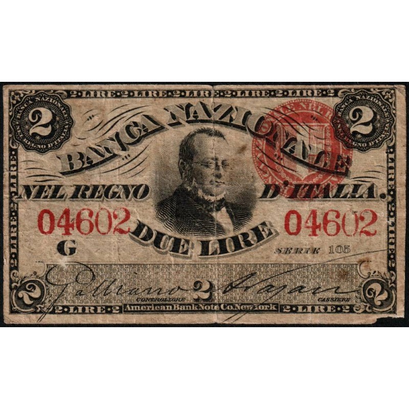 Royaume d'Italie - Pick S 732_2 - 2 lire - Série G 105 - 22/01/1868 - Etat : TB-