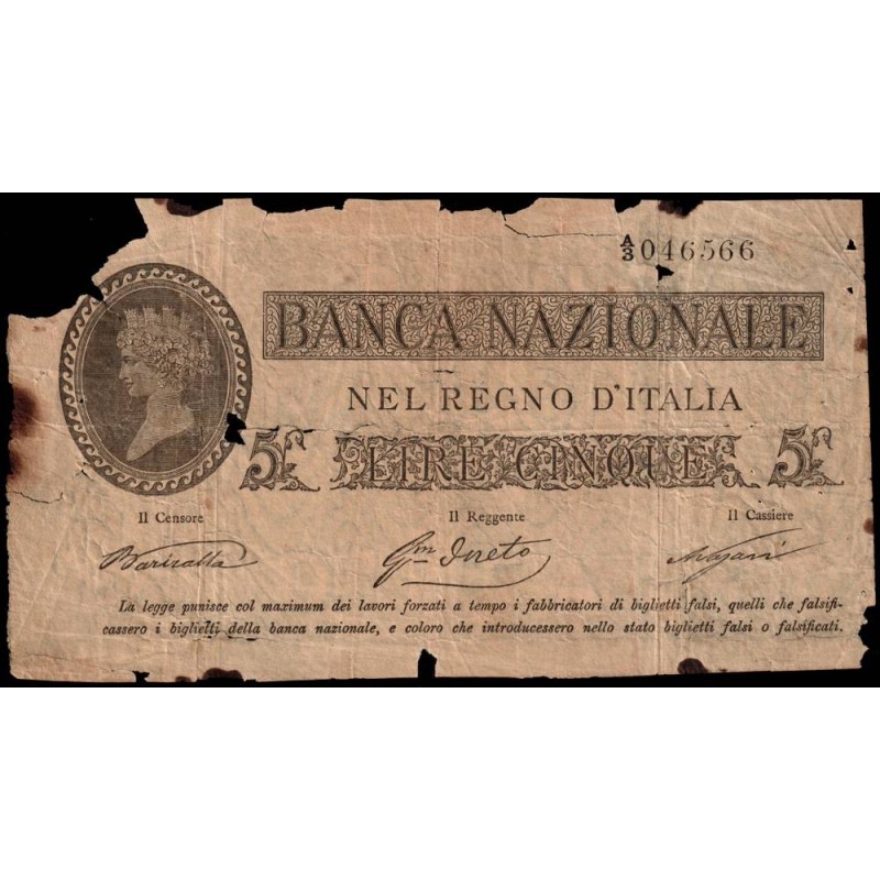 Royaume d'Italie - Pick S 733 - 5 lire - Série A/3 - 25/07/1866 - Etat : AB