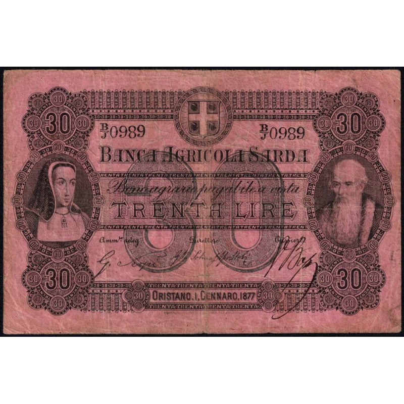 Banca Agricole Sarda - Pick S 921c - 30 lire - Série B/J - 01/01/1877 - Etat : TB