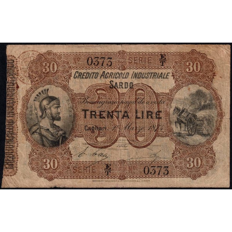 Credito Agricolo Industriale Sardo - Pick S 925 - 30 lire - Série E/T - 01/03/1874 - Etat : TB
