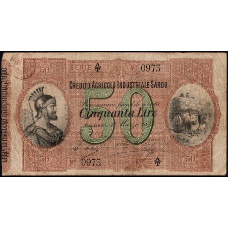 Credito Agricolo Industriale Sardo - Pick S 927 - 50 lire - Série A/T - 01/03/1874 - Etat : TB