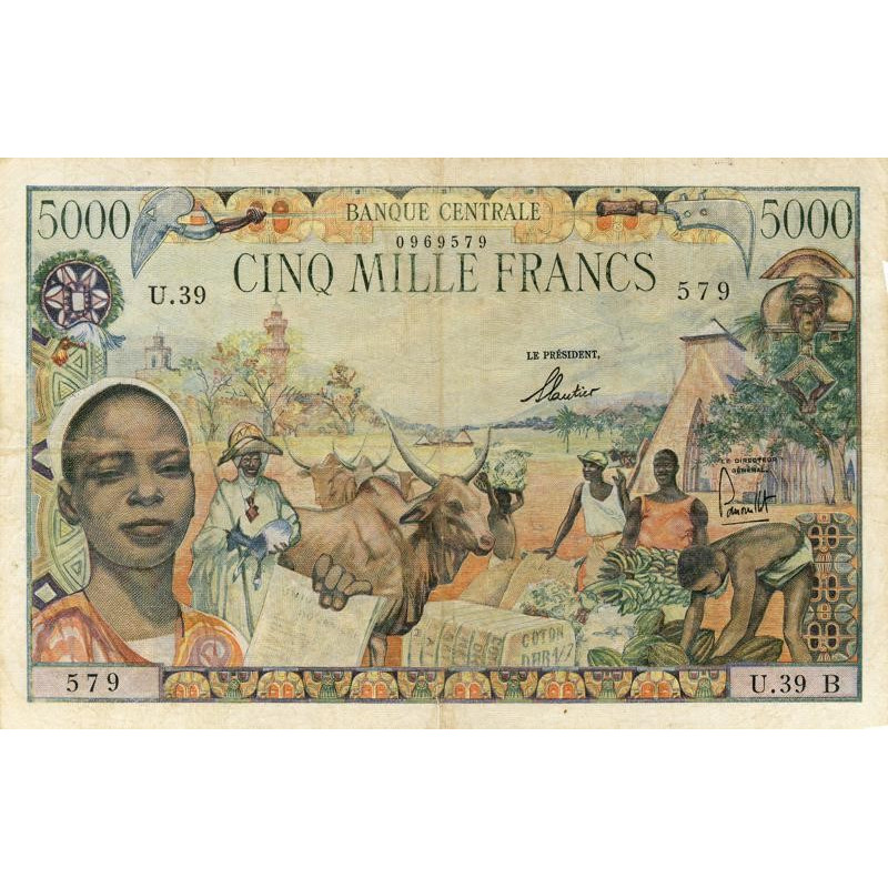 Centrafrique - Afrique Equatoriale - Pick 6b - 5'000 francs - Série U.39 - 1963 - Etat : TB