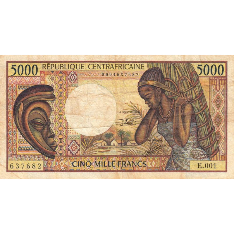 Centrafrique - Pick 12b - 5'000 francs - Série E.001 - 1991 - Etat : TB- à TB