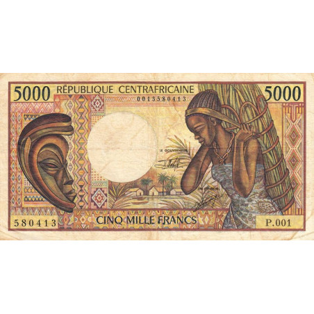 Centrafrique - Pick 12b - 5'000 francs - Série P.001 - 1991 - Etat : TB- à TB