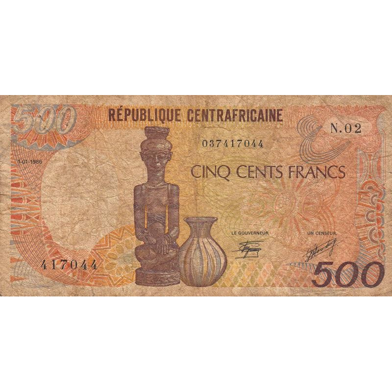 Centrafrique - Pick 14b - 500 francs - Série N.02 - 01/01/1986 - Etat : B