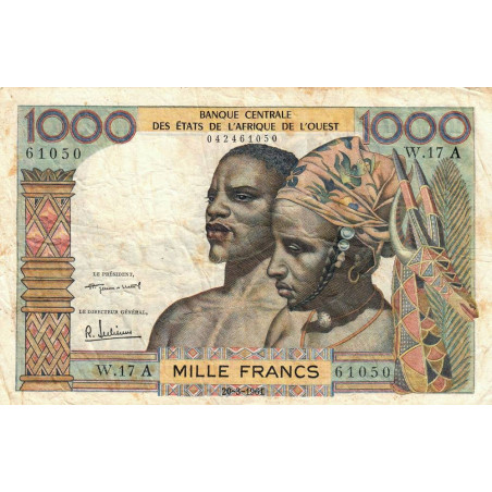 Côte d'Ivoire - Pick 103Ab - 1'000 francs - Série W.17 (remplacement) - 20/03/1961 - Etat : TB-