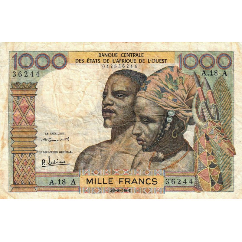 Côte d'Ivoire - Pick 103Ab - 1'000 francs - Série A.18 - 20/03/1961 - Etat : TB-