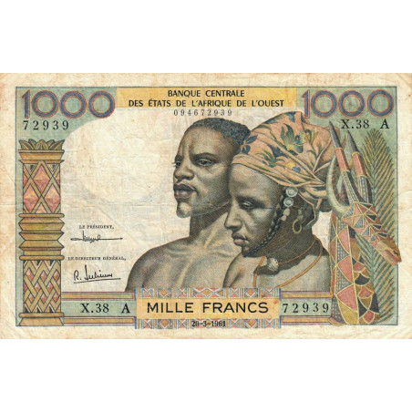 Côte d'Ivoire - Pick 103Ac - 1'000 francs - Série X.38 - 20/03/1961 - Etat : TB-