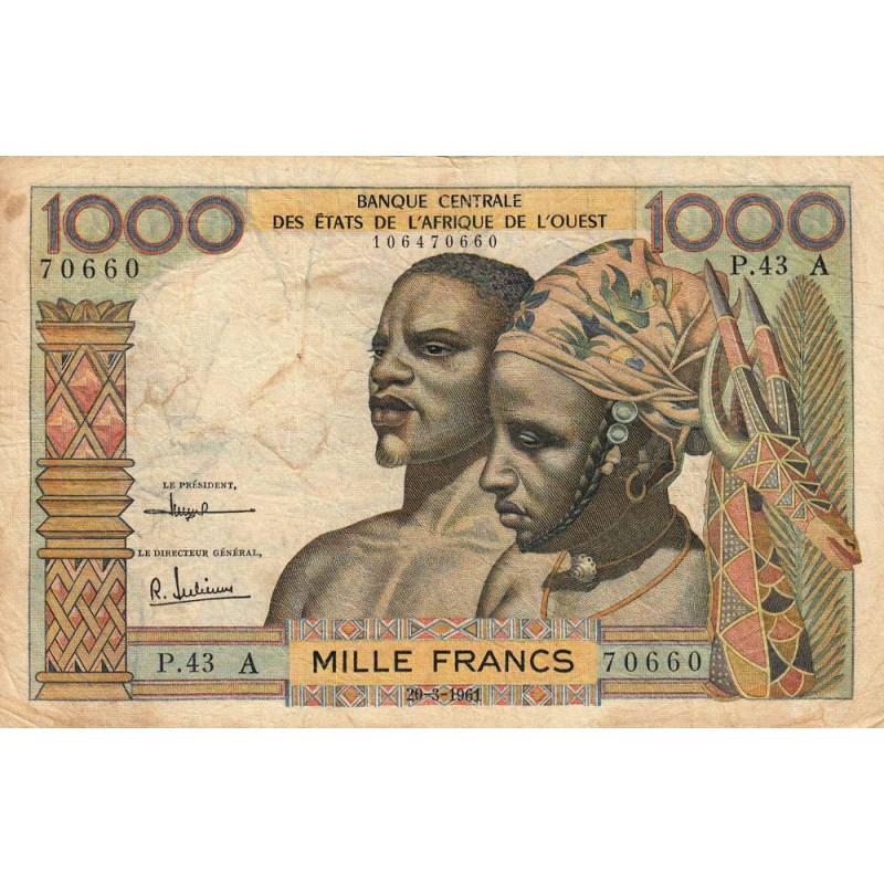 Côte d'Ivoire - Pick 103Ac - 1'000 francs - Série P.43 - 20/03/1961 - Etat : TB-