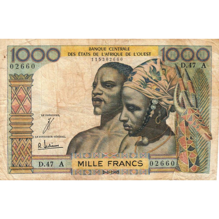 Côte d'Ivoire - Pick 103Ad - 1'000 francs - Série D.47 - 02/03/1965 - Etat : B+