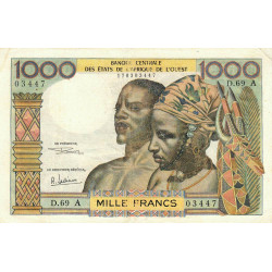 Côte d'Ivoire - Pick 103Af - 1'000 francs - Série D.69 - Sans date (1969) - Etat : TB+