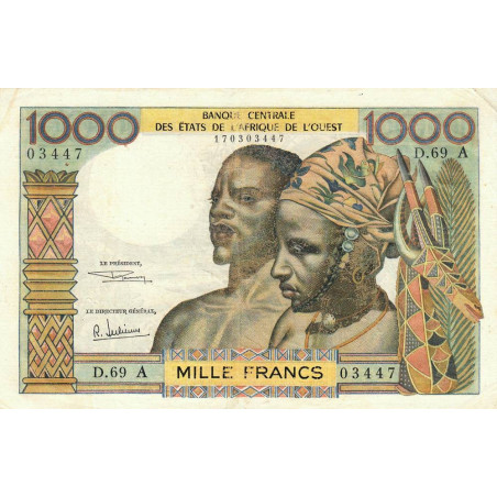 Côte d'Ivoire - Pick 103Af - 1'000 francs - Série D.69 - Sans date (1969) - Etat : TB+