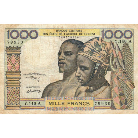 Côte d'Ivoire - Pick 103Ak - 1'000 francs - Série Y.140 - Sans date (1975) - Etat : TB-