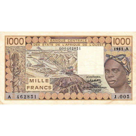 Côte d'Ivoire - Pick 107Ab_1 - 1'000 francs - Série J.005 - 1981 - Erreur numéro - Etat : TB+
