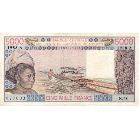 Côte d'Ivoire - Pick 108Af - 5'000 francs - Série N.10 - 1988 - Etat : TTB