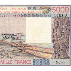 Côte d'Ivoire - Pick 108Af - 5'000 francs - Série N.10 - 1988 - Etat : TTB