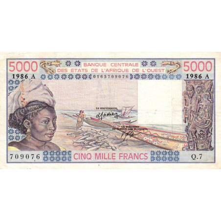 Côte d'Ivoire - Pick 108Ao - 5'000 francs - Série Q.7 - 1986 - Etat : TB+