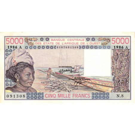 Côte d'Ivoire - Pick 108Ao - 5'000 francs - Série N.8 - 1986 - Etat : SUP+