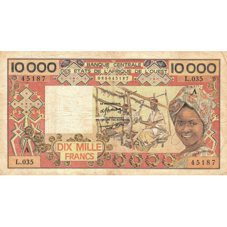 Côte d'Ivoire - Pick 109Ad_2- 10'000 francs - Série L.035 - Sans date (1988) - Etat : TB