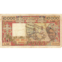 Côte d'Ivoire - Pick 109Ai - 10'000 francs - Série L.042 - Sans date (1989) - Etat : TB-