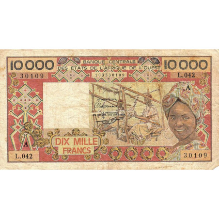 Côte d'Ivoire - Pick 109Ai - 10'000 francs - Série L.042 - Sans date (1989) - Etat : TB-