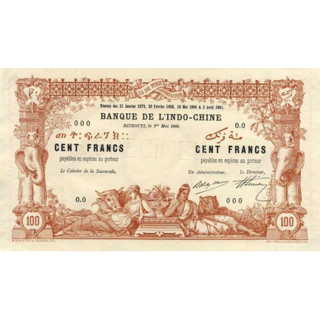 Djibouti - Pick 3 spécimen - 100 francs - 01/05/1909 - Etat : SUP+