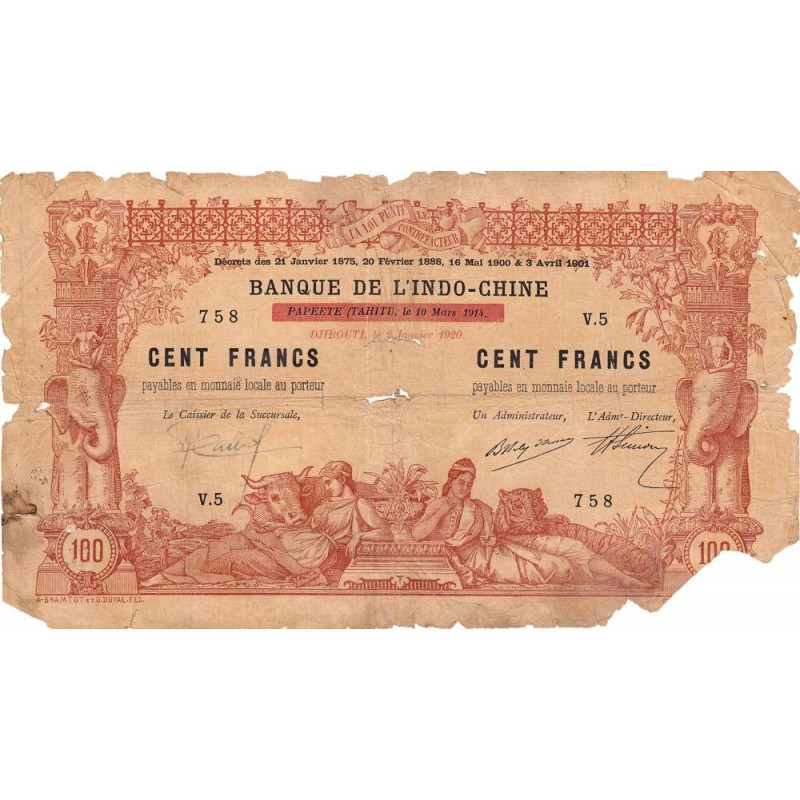 Djibouti - Pick 4 - 100 francs - 02/01/1920 - Etat : B-