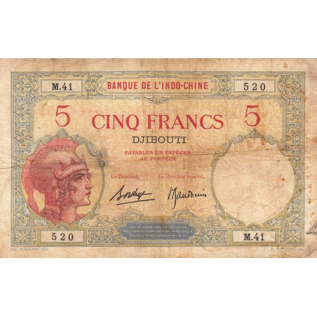 Djibouti - Pick 6b_2 - 5 francs - Série M.41 - 1937 - Etat : B+